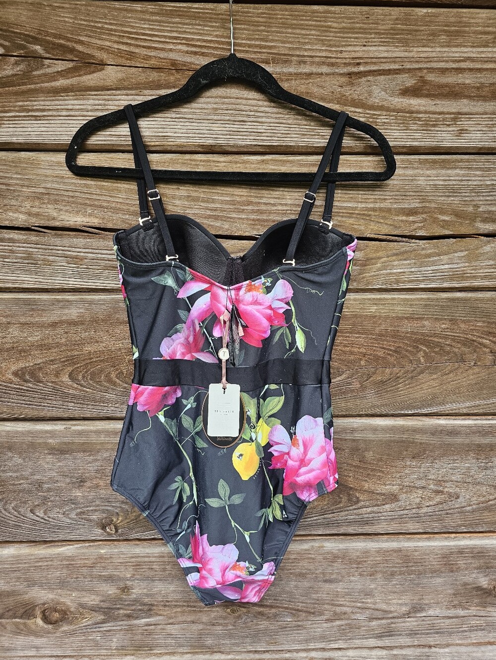 Ted Baker London One Piece Swimsuit Black Floral Lemon Print Underwire Bustier - Picture 9 of 14